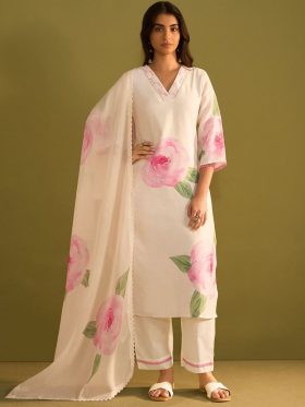 Women Floral Printed Regular Sequinned Linen Kurta with Trousers & With Dupatta