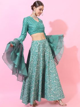 Turquoise Blue & Off White Foil Print Ready to Wear Lehenga & Blouse With Dupatta