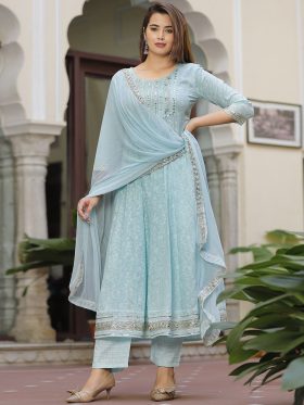 Ethnic Motifs Printed Mirror Work Anarkali Kurta with Trousers & Dupatta