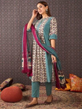 Floral Printed Mandarin Collar Pure Cotton A-Line Kurta & Trousers With Dupatta