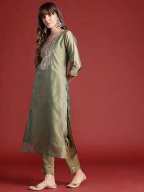 Ethnic Motifs Embroidered Sequinned Liva Kurta With Trousers & Dupatta