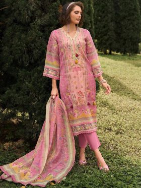 Floral Printed V-Neck Linen Kurta With Trousers And Dupatta