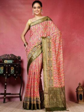 Ethnic Motifs Printed Zari Border Saree With Unstitched Blouse Piece