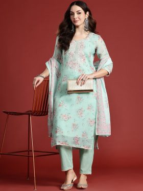 Floral Printed Thread Work Linen Kurta with Trousers & With Dupatta