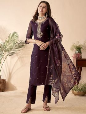 Violet Ethnic Motifs Embroidered Sequined Straight Kurta with Trousers & Dupatta