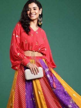 Foil Printed V-Neck Dolman Sleeves Ready to Wear Lehenga Choli