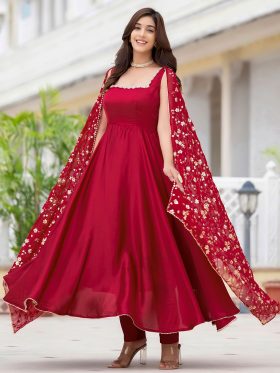 Square Neck Sleeveless Sequinned Satin Anarkali Kurta With Trousers & Dupatta