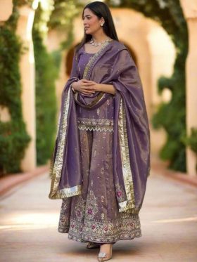 Women Embroidered Thread Work Pure Silk Kurti with Palazzos & Dupatta