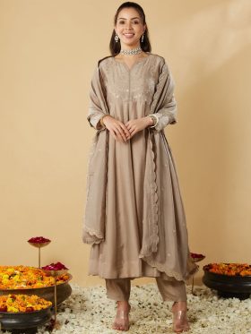 Floral Yoke Design Notch Neck Sequinned A-Line Kurta With Trousers & Dupatta