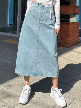 Straight Denim Midi Skirt