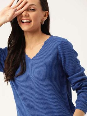 Women Blue Ribbed Pullover