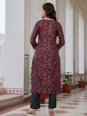 Floral Printed Notch Neck Straight Kurta With Trousers & Dupatta