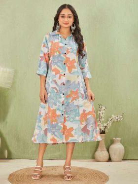 Women Floral Printed Collared Shirt Midi Dress